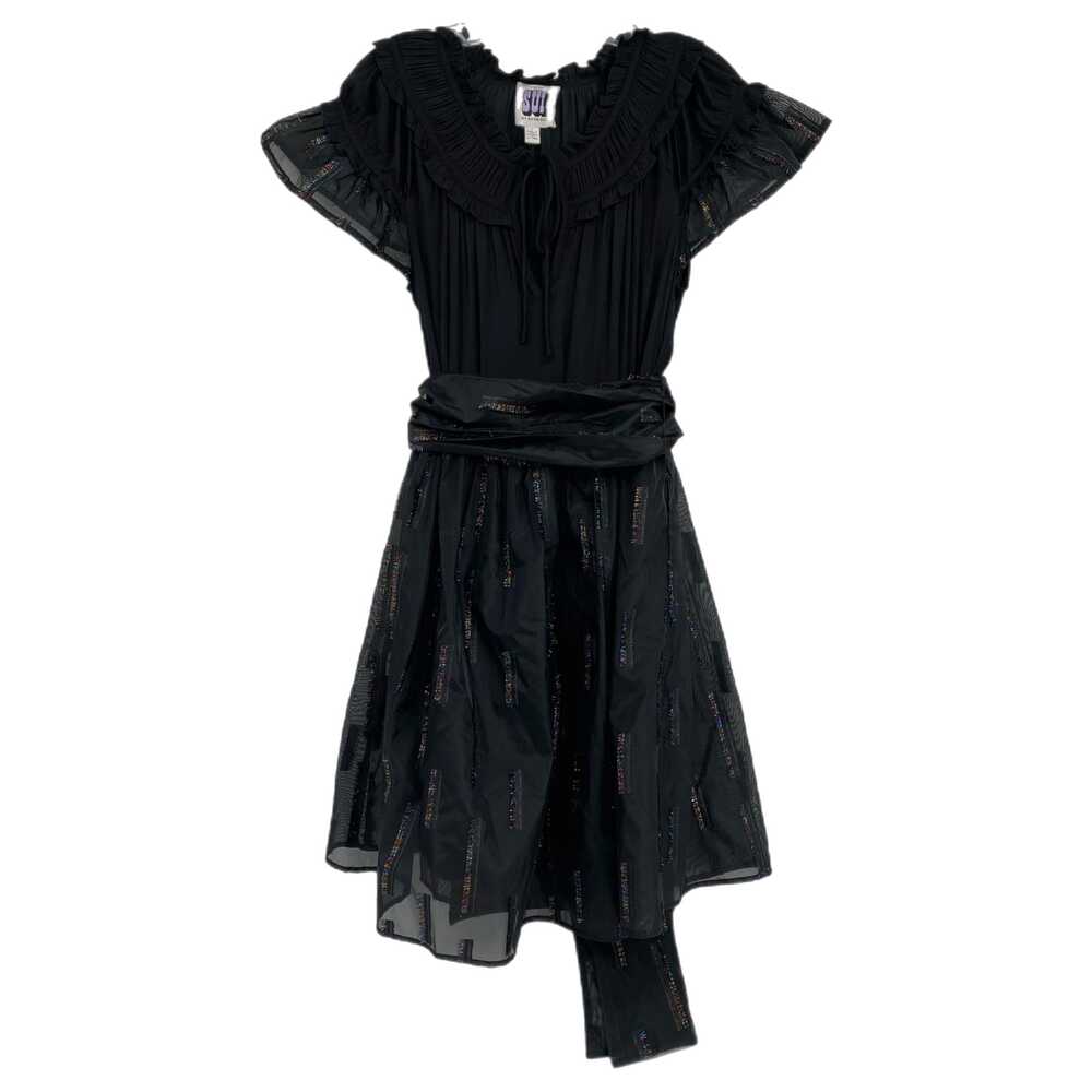 Anna Sui Black Rainbow Tinsel Ruffle Neck Mini Dress | Size S